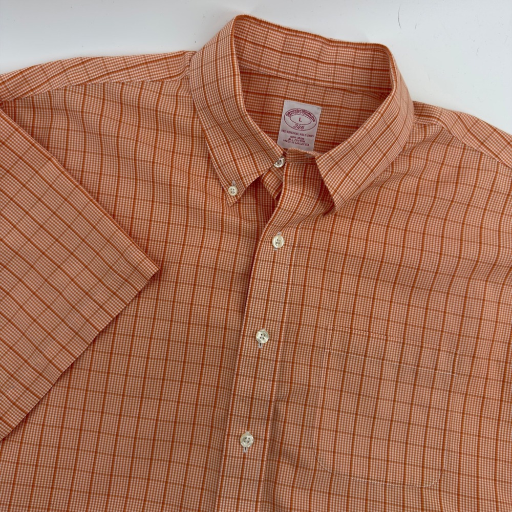 Brooks Brothers 346 Mens Large Orange Plaid Short Sleeve Shirt